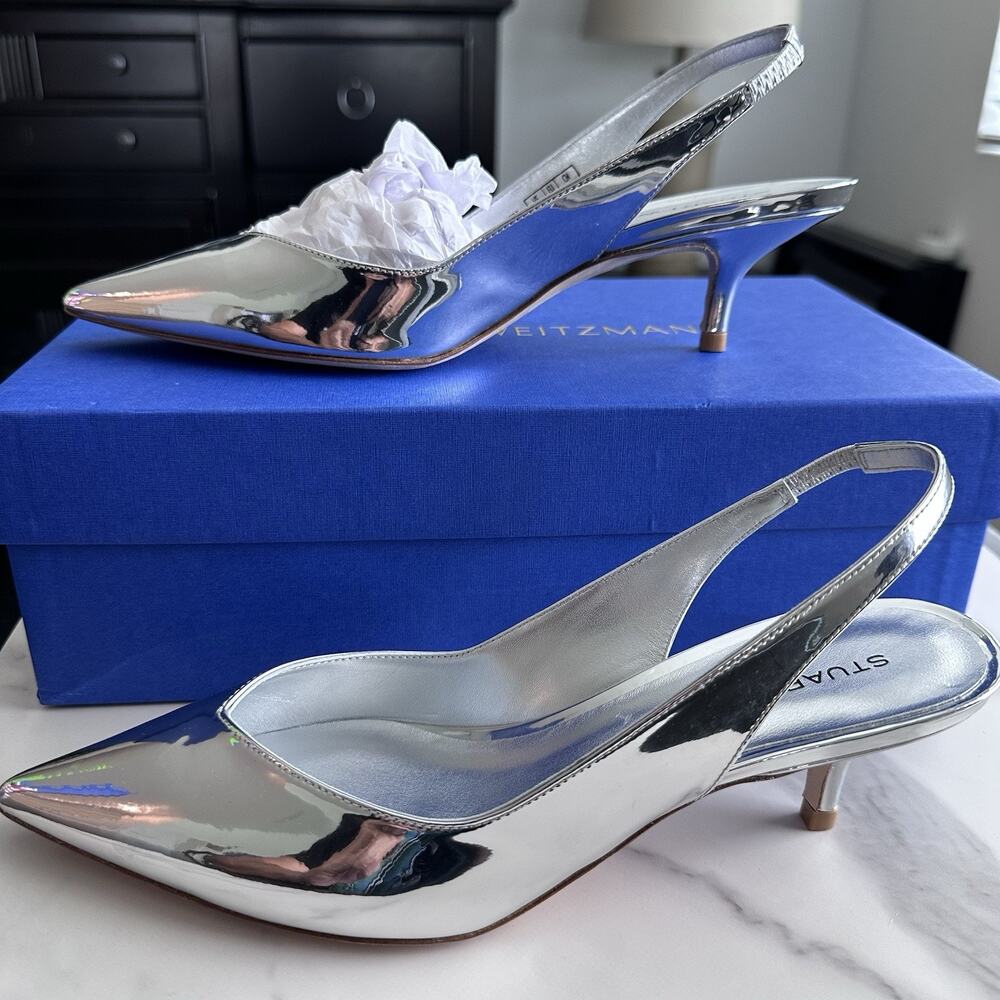 Stuart Weitzman Women Eva 50 Slingback Heels Silver Specchio EU38/US7.5B $475